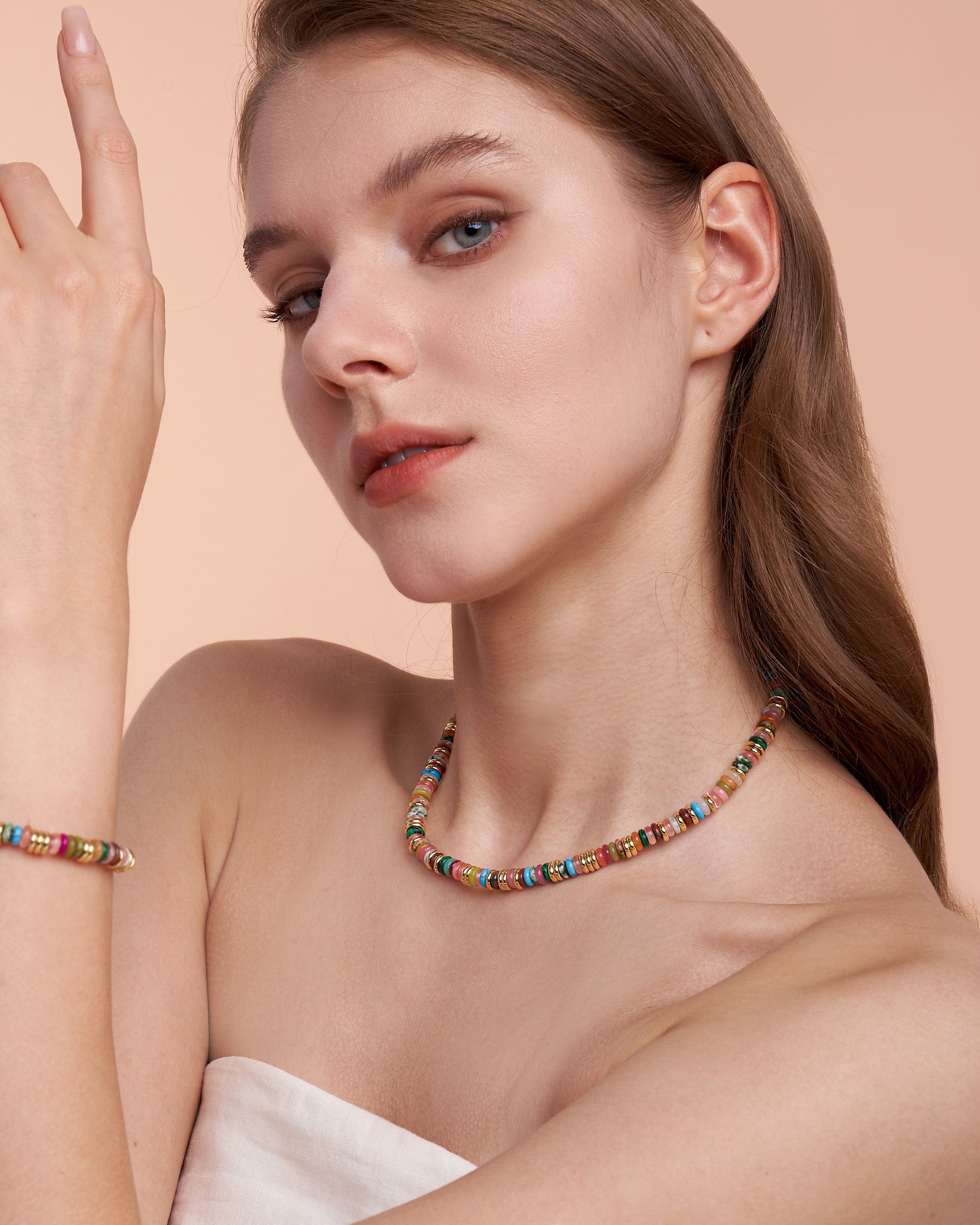 Gold Natural Stone Bead Necklace - Candy