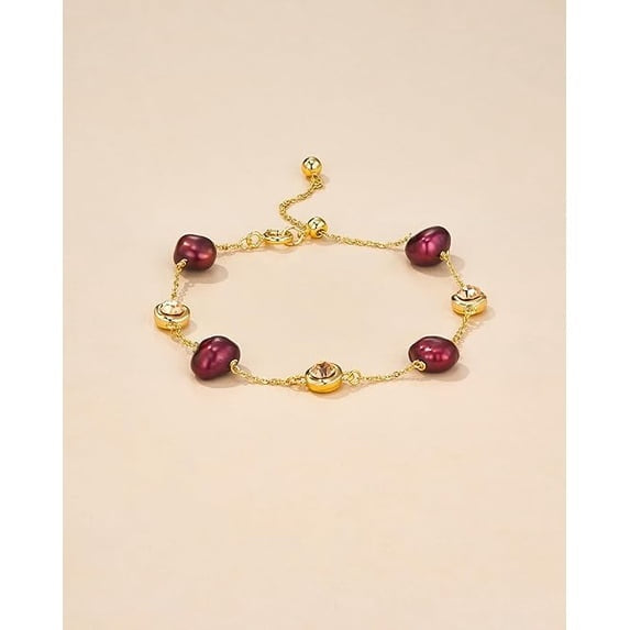 Gold Plated Baroque Pearl Bracelet with Purple Beads & CZ Accents, Adjustable Chain