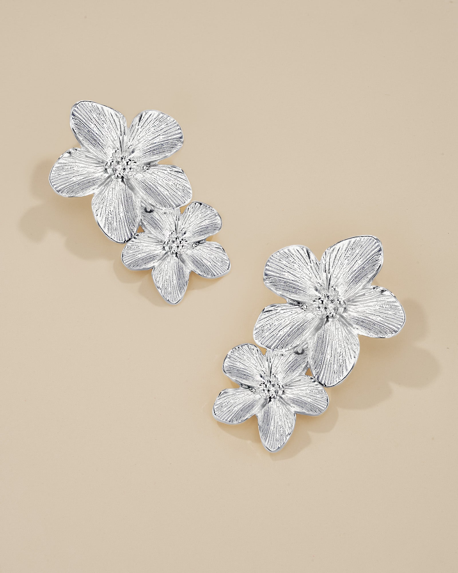 2 Tiered Blooming Floral Earrings - Silver