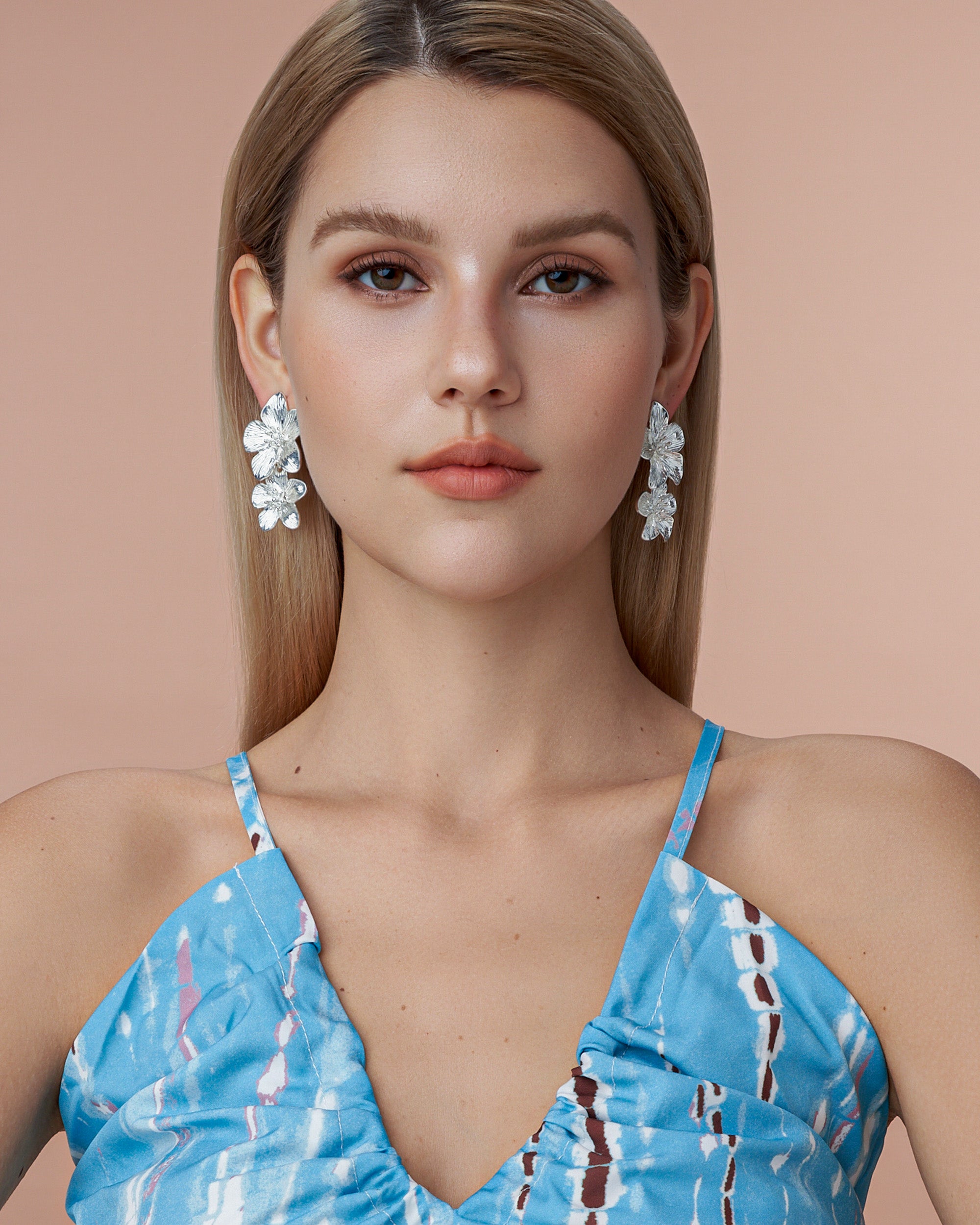 2 Tiered Blooming Floral Earrings - Silver