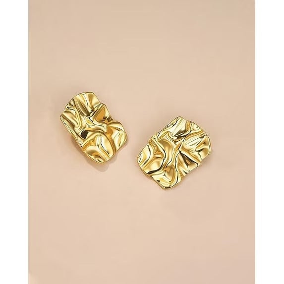 SNGIA 14K Gold Plated Textured Rectangular Stud Earrings for Women, Vintage Geometric Style