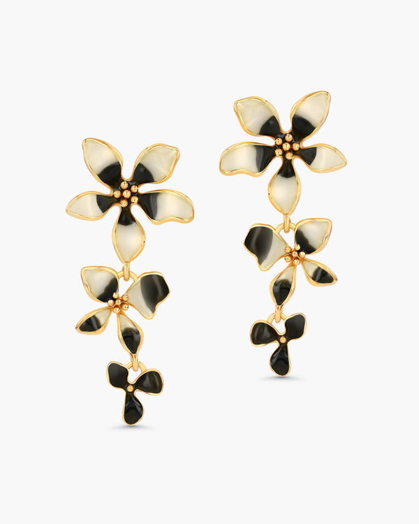 Gold Black Cream Enamel Flower Drop Earrings