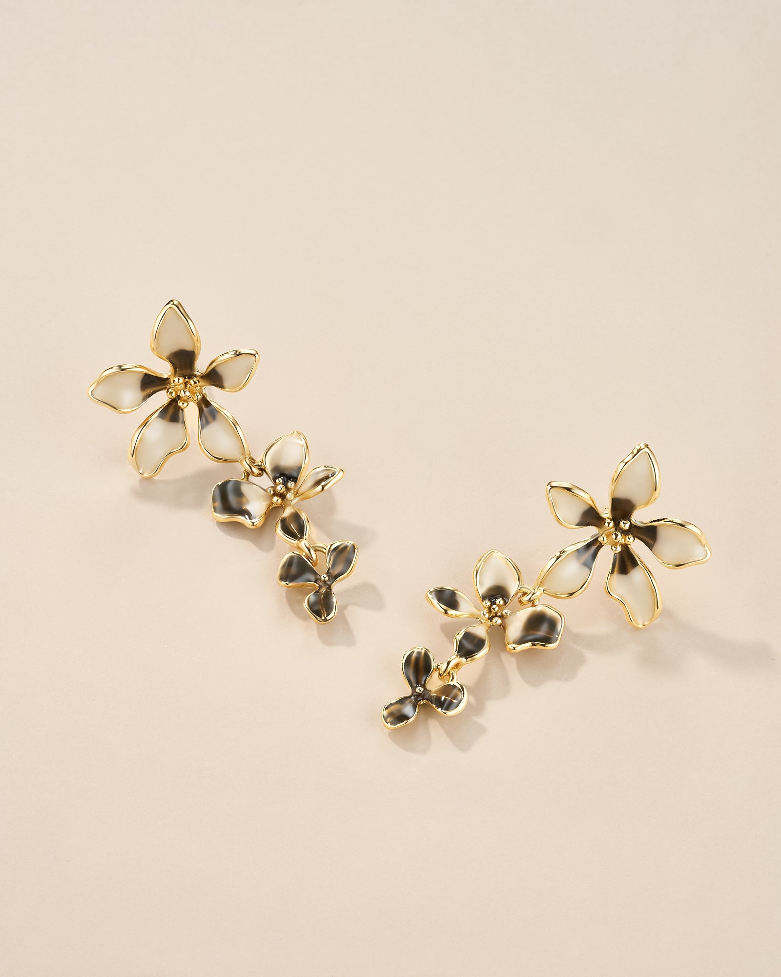 Gold Black Cream Enamel Flower Drop Earrings
