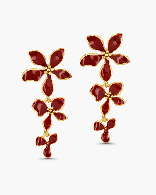 Gold Red Enamel Flower Drop Earrings
