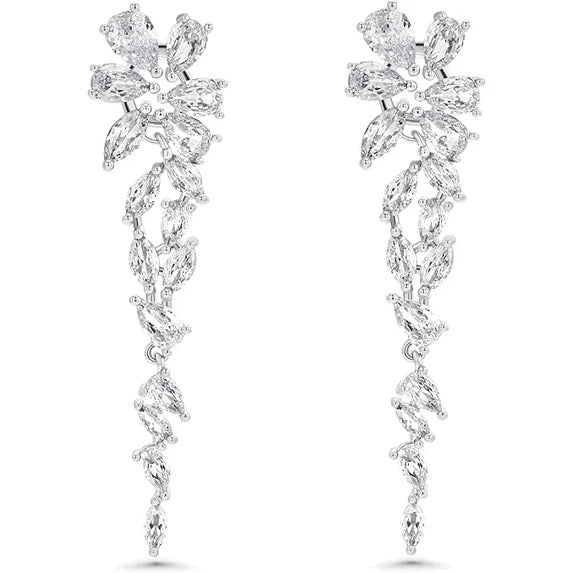 SNGIA Silver Plated Cubic Zirconia Floral Marquise Dangle Statement Earrings for Women
