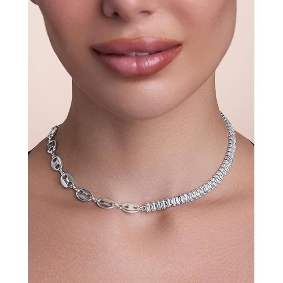 SNGIA Silver Plated CZ Half Tennis Link Choker Necklace for Women, Statement Chain Jewelry