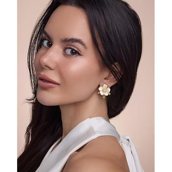 SNGIA White Enamel Floral Stud Earrings with Green Leaf Detail, 18K Gold Plated, CZ Accent