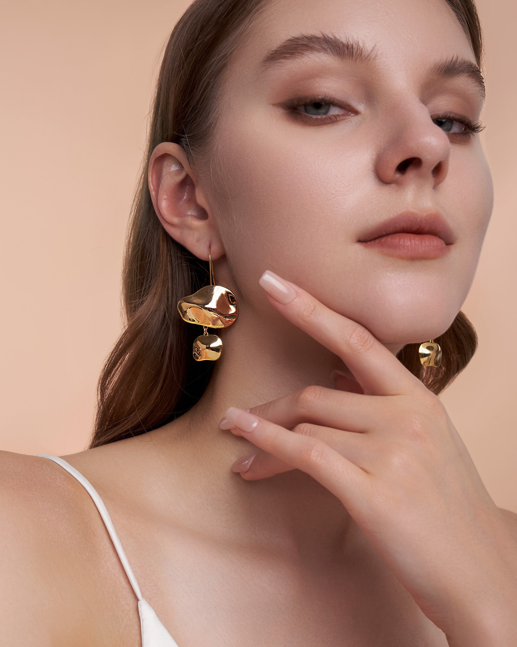Abstract Drop Hook Earrings In Gold Tone Irregular Design