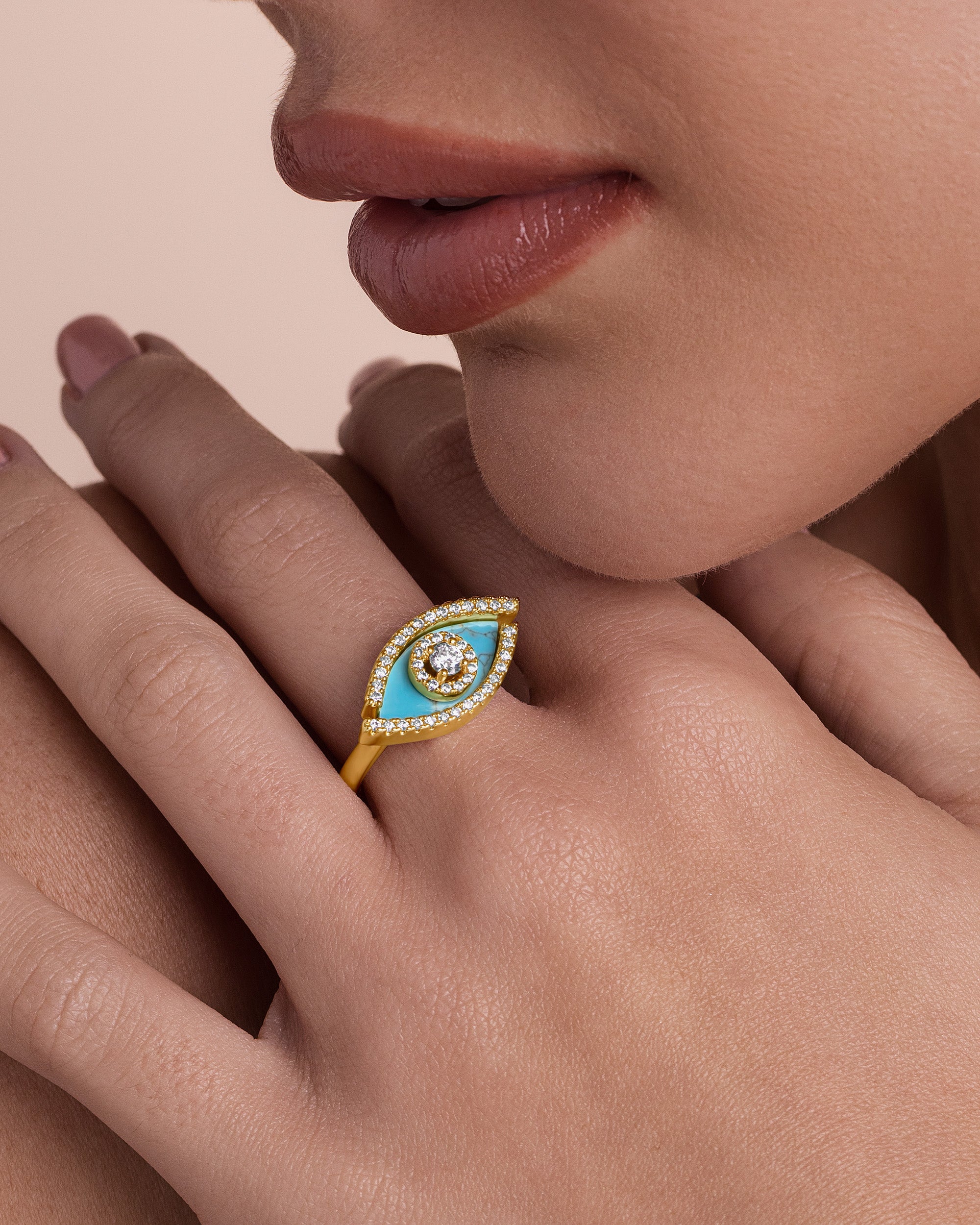 Turquoise Stone Evil Eye Ring with CZ