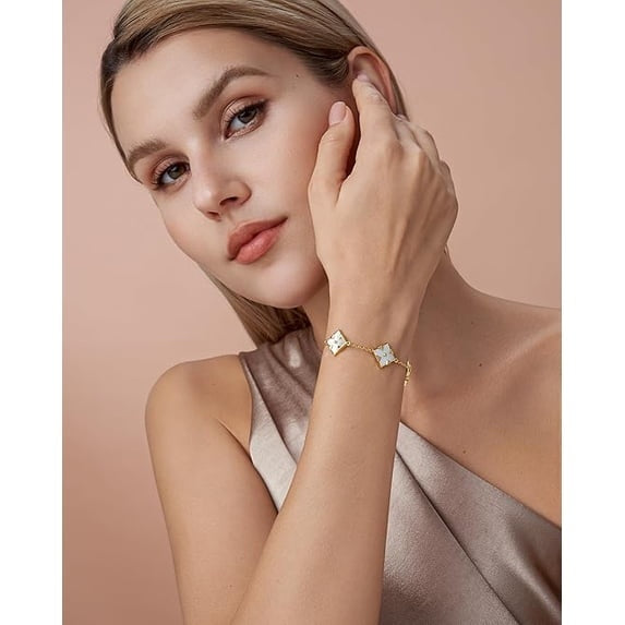 18K Gold Plated Mother of Pearl Clover Bracelet, Adjustable Floral Link Bracelet for Women