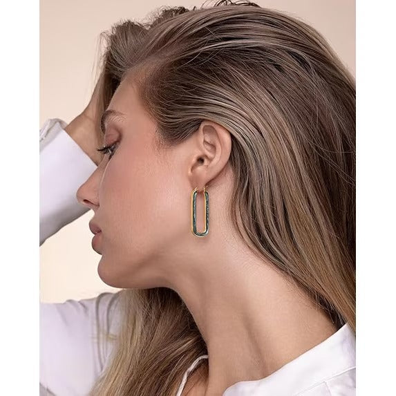 SNGIA 18K Gold Plated Long Oval Hoop Earrings with Green Teal Enamel for Women