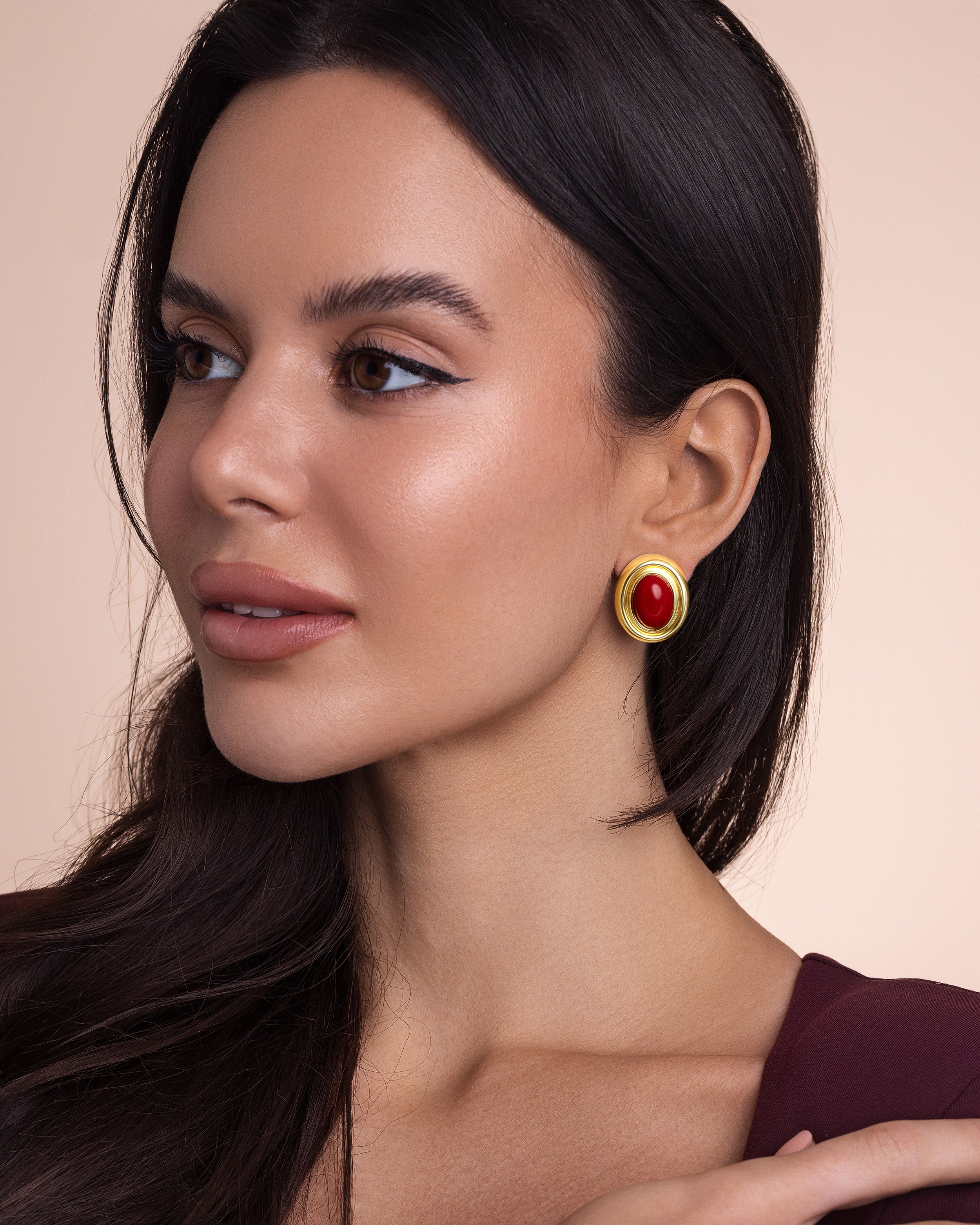 Gold Maroon Burgundy Enamel Chunky Stud Earrings