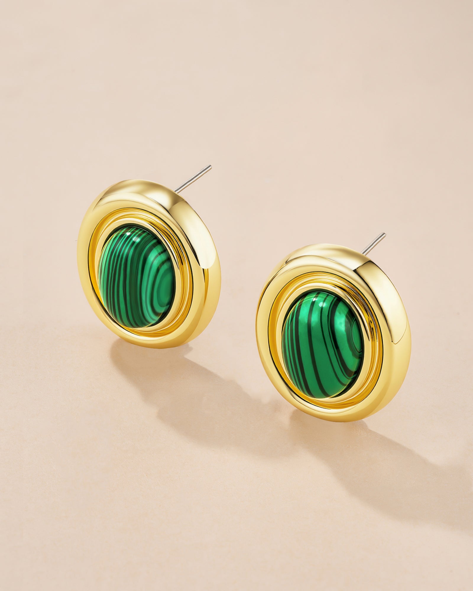 Chunky Stud Earrings In Gold Tone Green Malachite Style