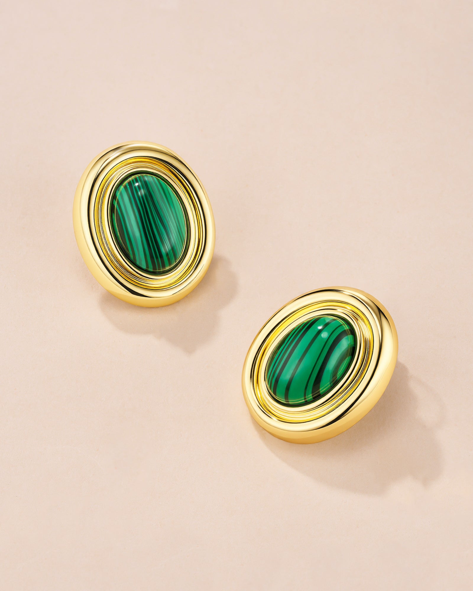 Chunky Stud Earrings In Gold Tone Green Malachite Style