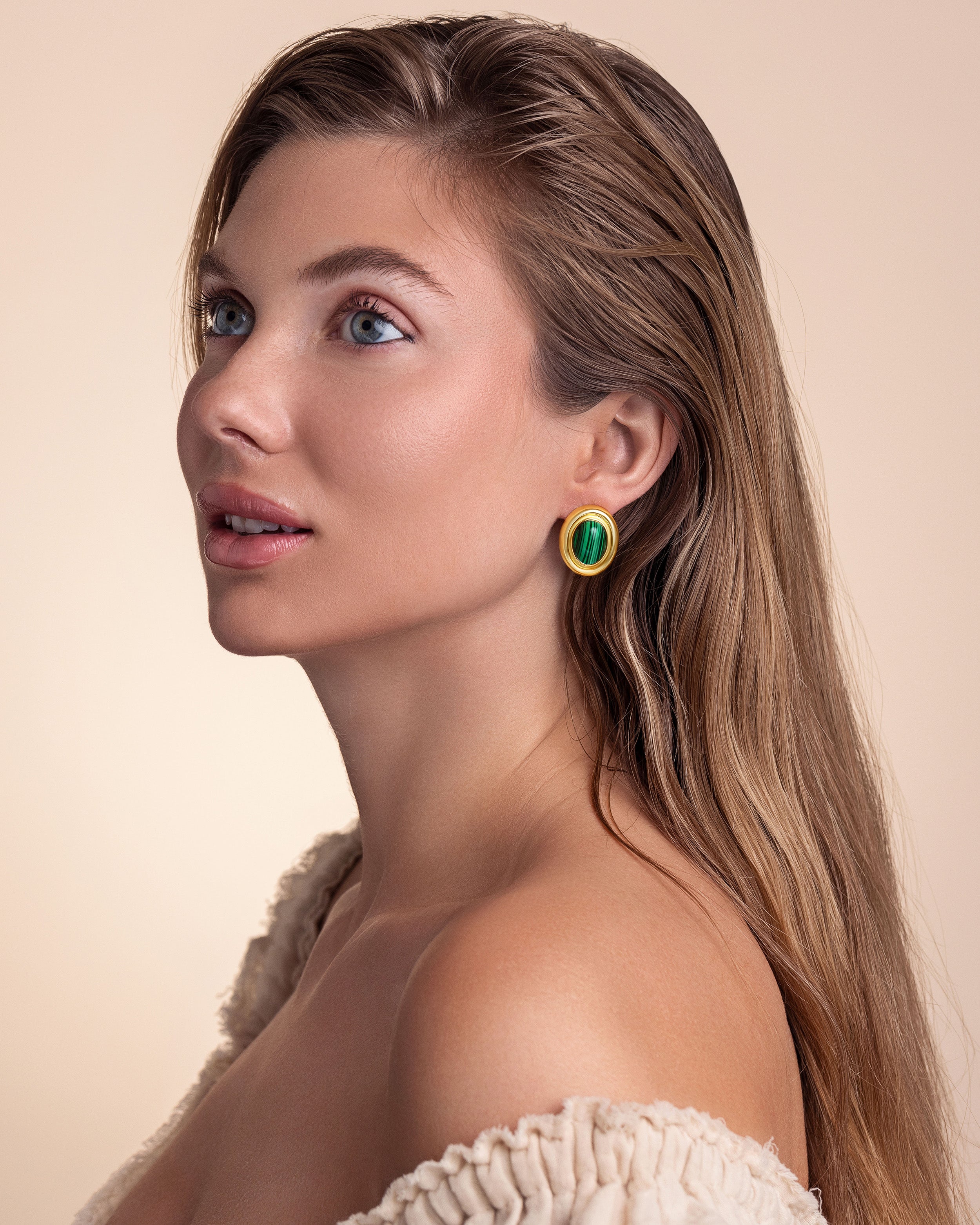 Gold Green Malachite Chunky Stud Earrings