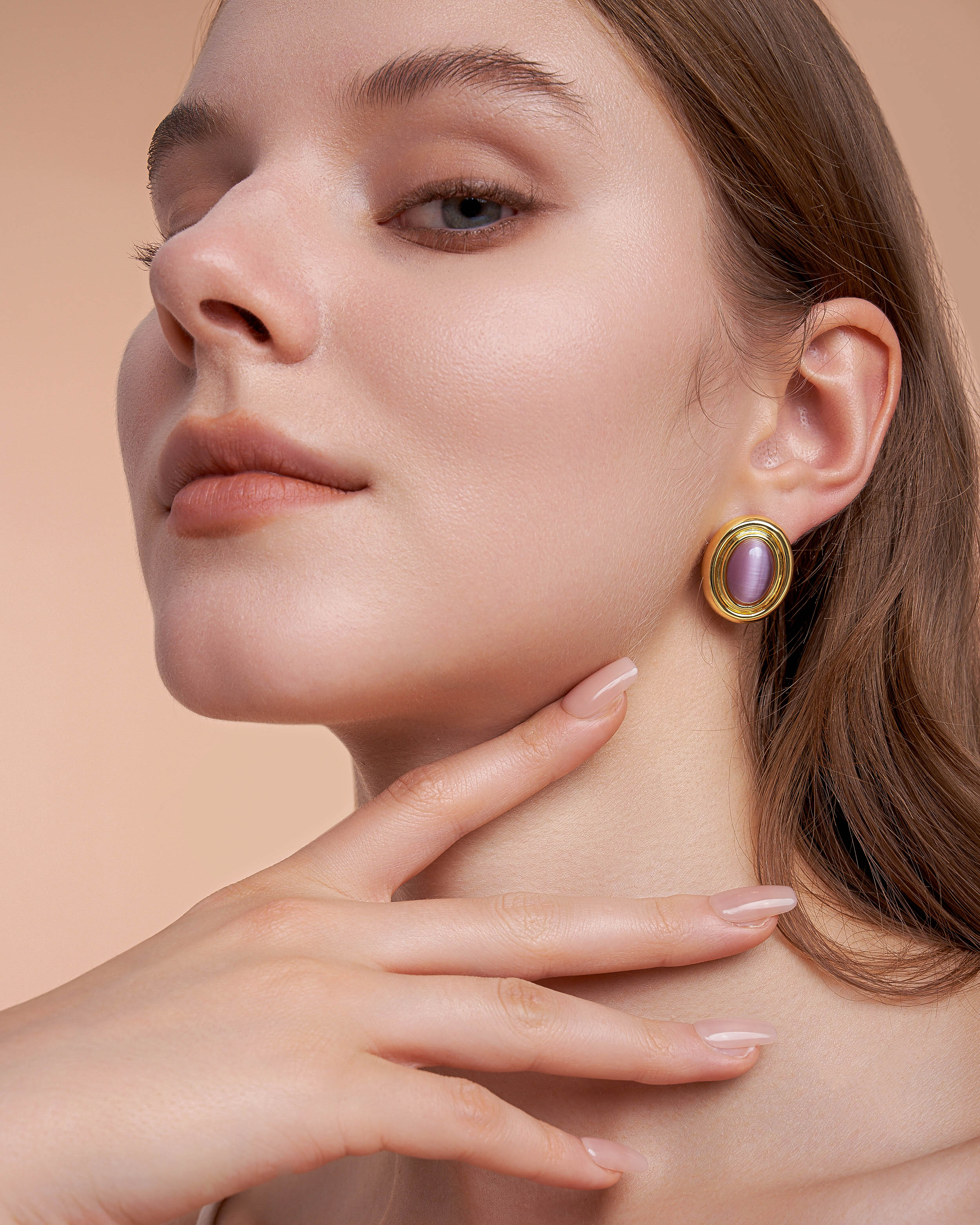 Gold Green Purple Cat Eye Chunky Stud Earrings