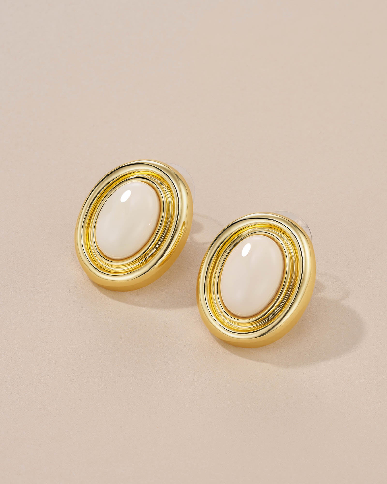 Chunky Stud Earrings In Gold Tone White Cream Enamel Stone Style