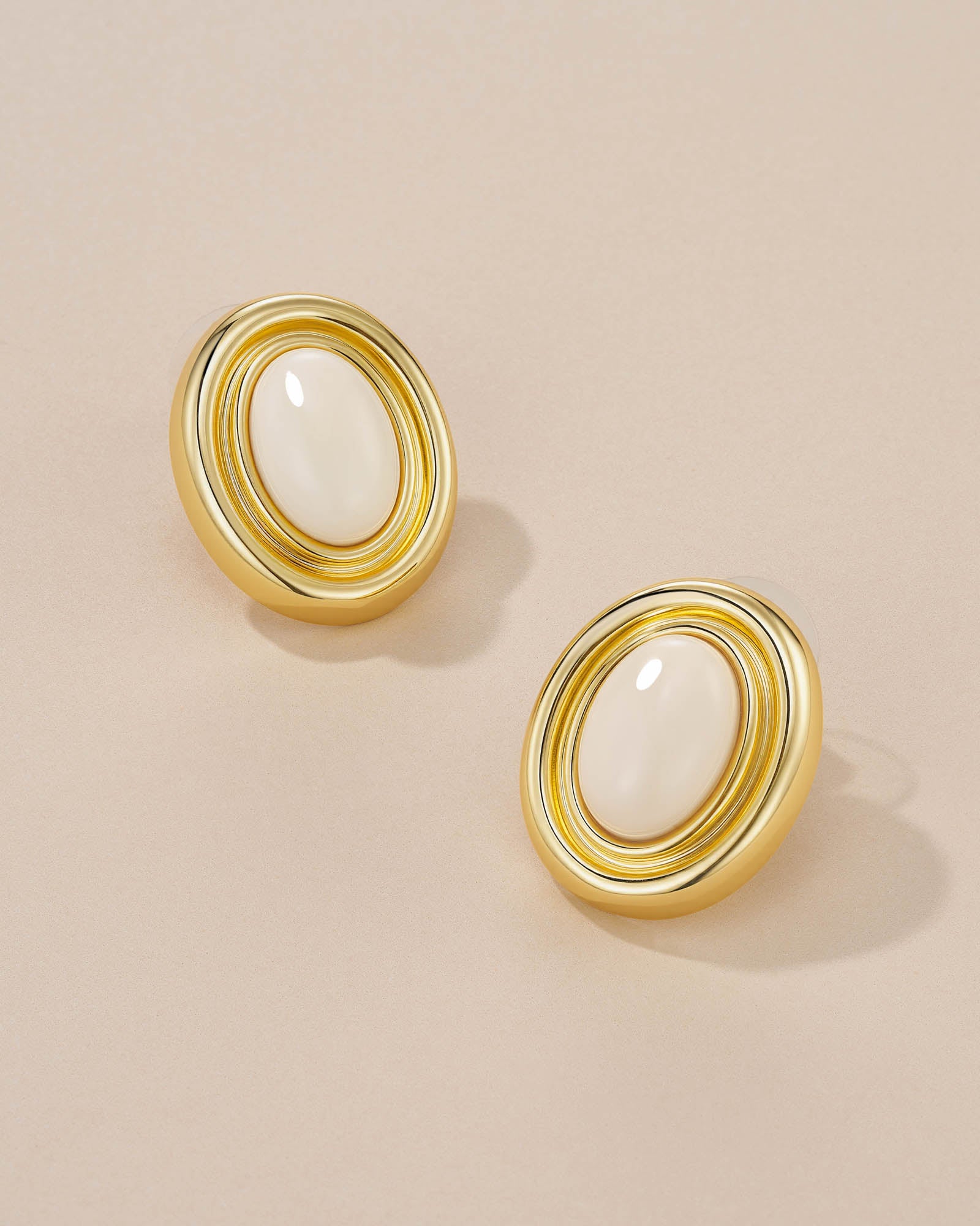 Chunky Stud Earrings In Gold Tone White Cream Enamel Stone Style