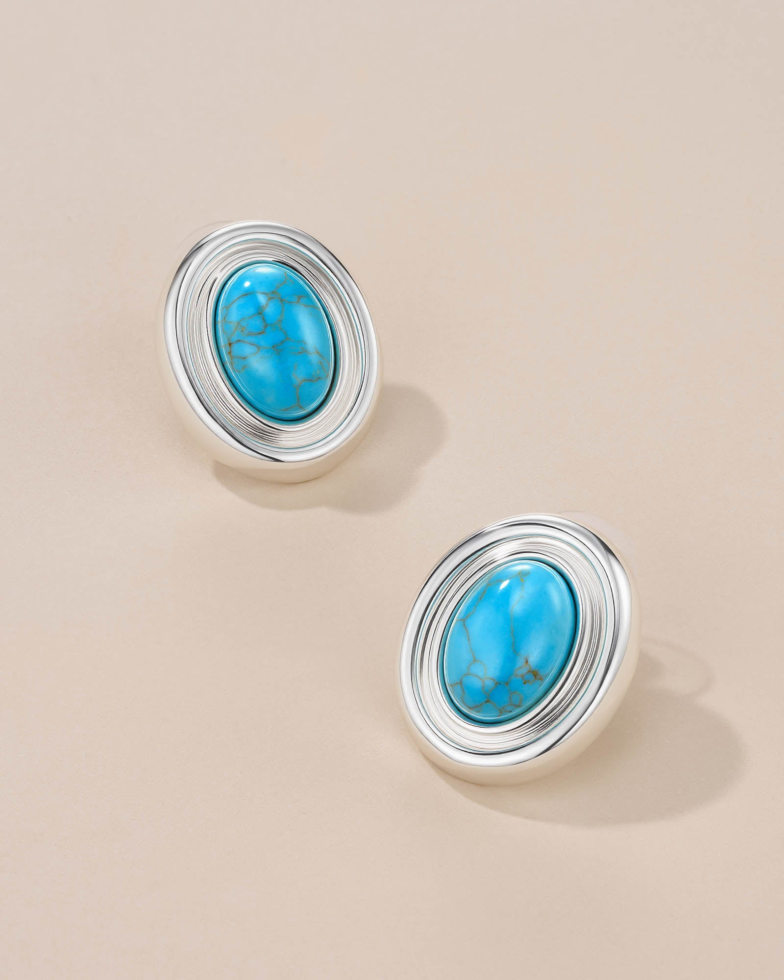 Chunky Stud Earrings In Silver Tone White Turquoise Stone Style