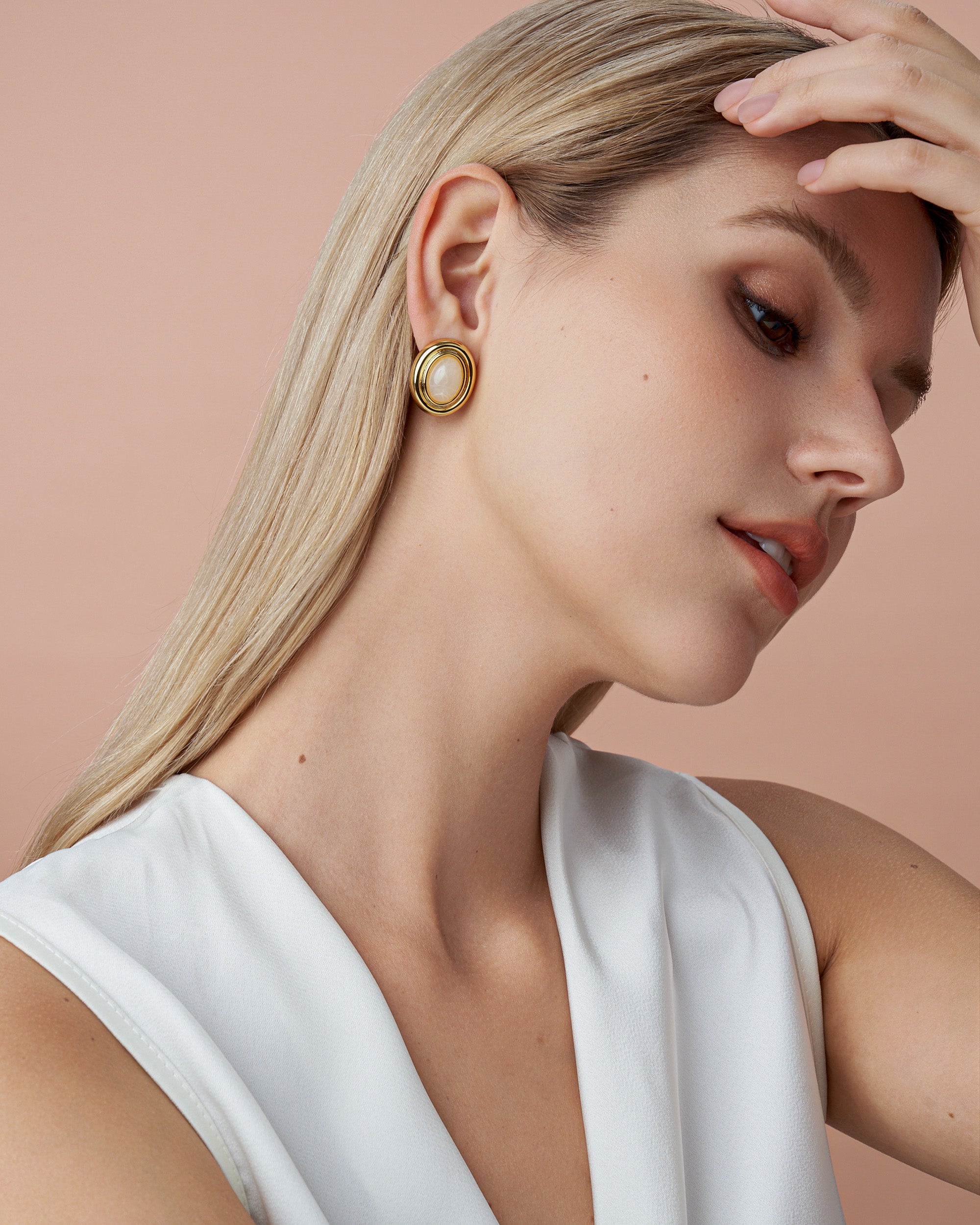 Chunky Stud Earrings In Gold Tone With White Cotton Enamel Style