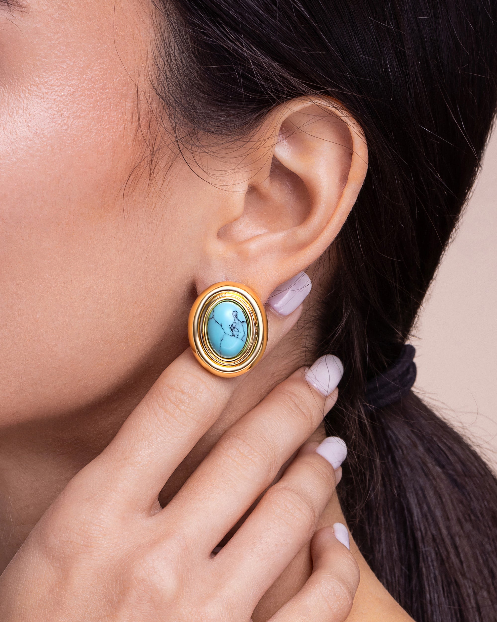 Gold Turquoise Stone Chunky Stud Earrings