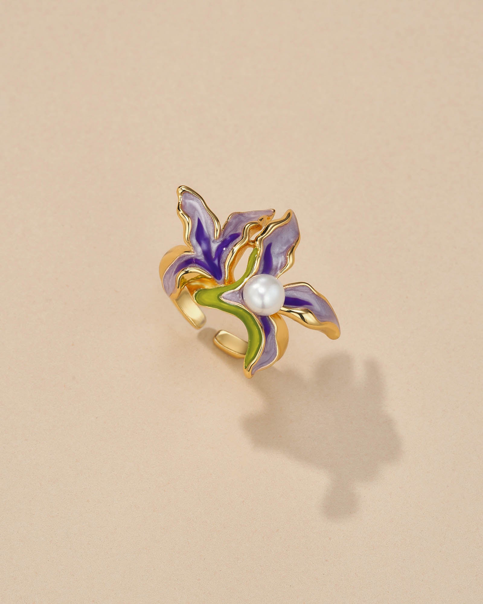 Adjustable Floral Ring In Purple Enamel Style