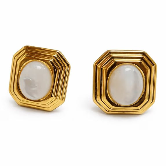 18K Gold Plated Ivory Jade Stud Earrings Octagon Textured Vintage Button Style for Women