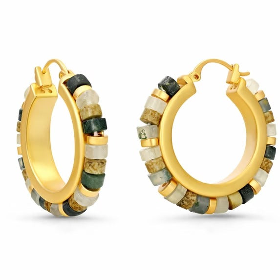 18K Gold Plated Natural Stone Beaded Hoop Huggie Earrings for Women