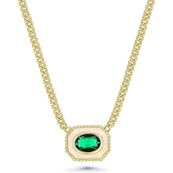 18K Gold Plated Oval Green CZ Pendant Necklace Adjustable Chain Statement Jewelry