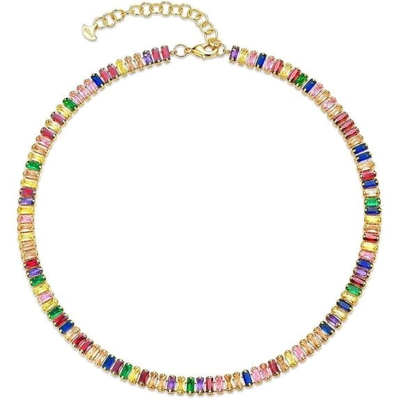 18K Gold Plated Rainbow Baguette Crystal Tennis Choker Necklace for Women, Adjustable Statement Chain