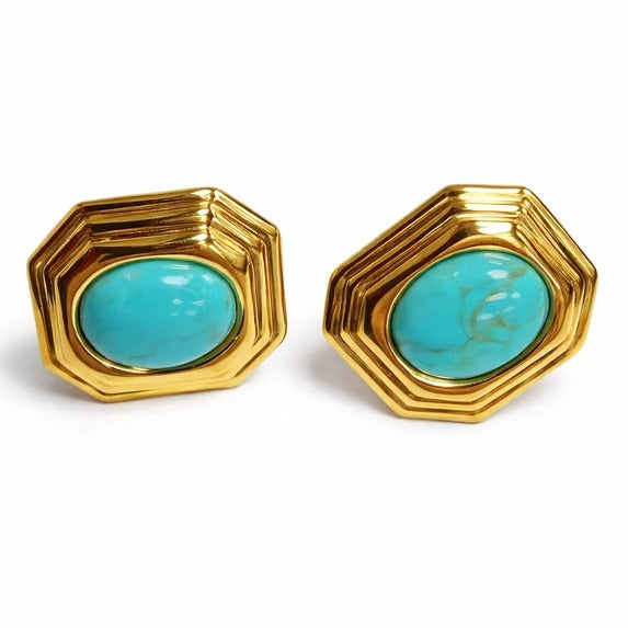 18K Gold Plated Turquoise Jade Stud Earrings Vintage Octagon Textured Statement Women