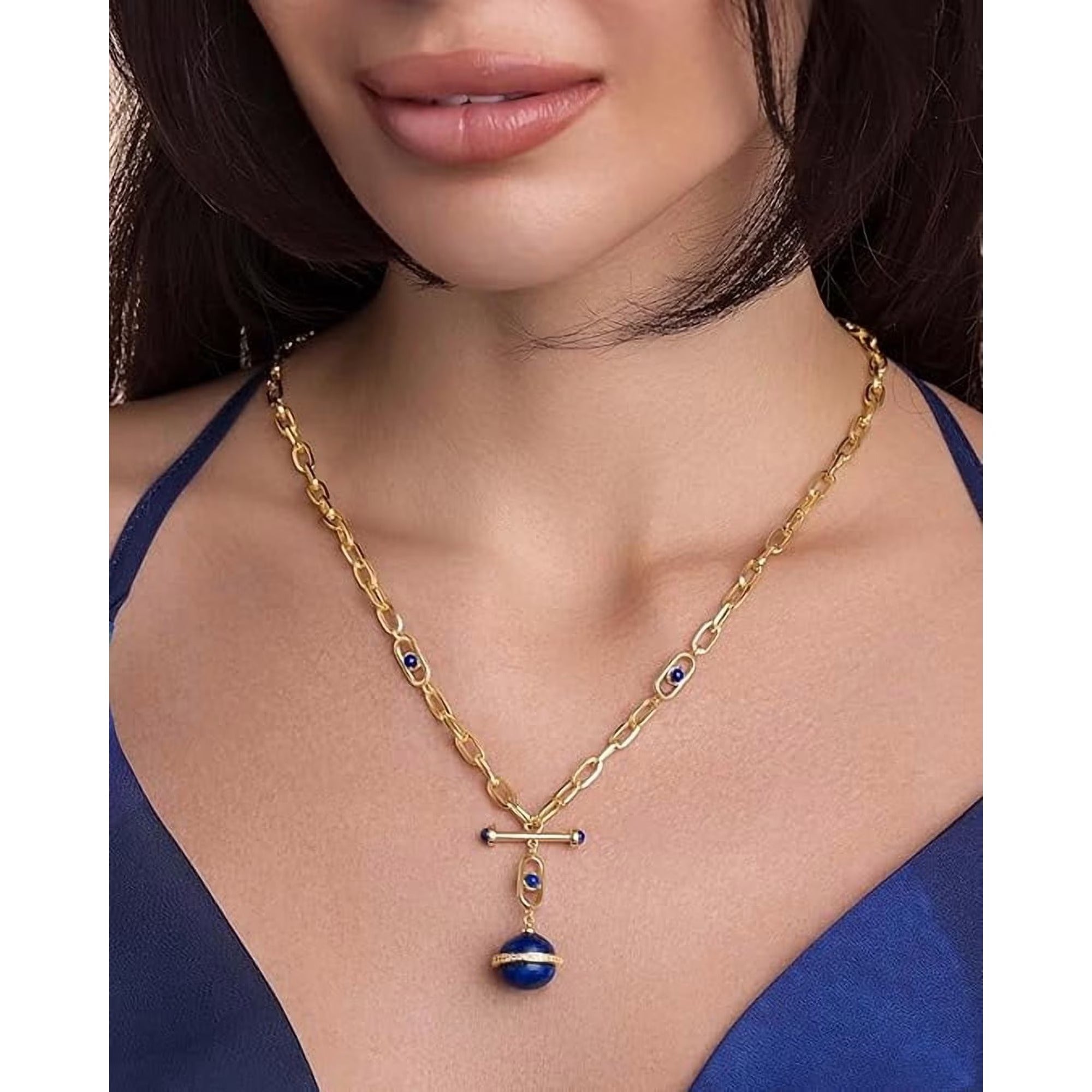 SNGIA 18K Gold Plated Lapis Lazuli Statement Pendant Necklace for Women, Adjustable Chain
