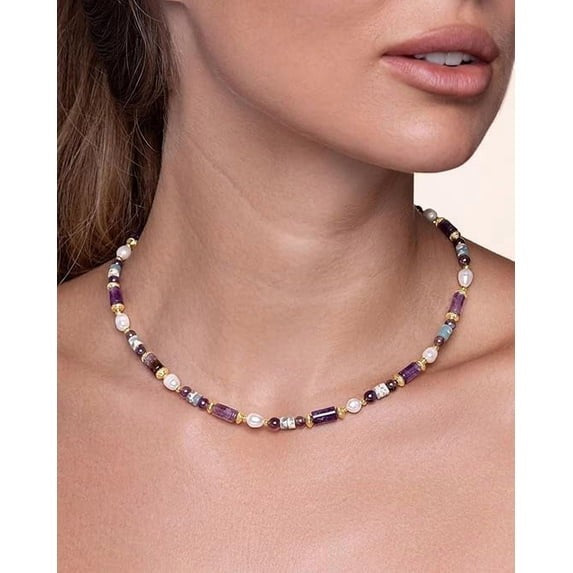 SNGIA Purple Natural Stone and Pearl Beaded Choker Necklace for Women, Gold Tone, 15+3 In