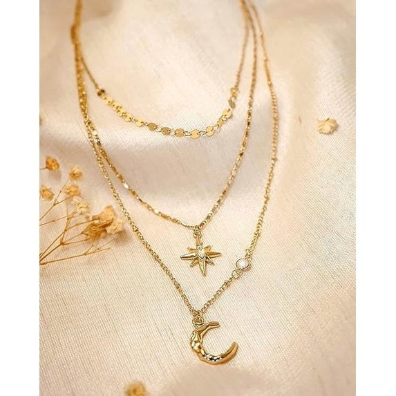 SNGIA Gold Layered Moon and Star Pendant Necklace Set for Women, 18K Gold Plated
