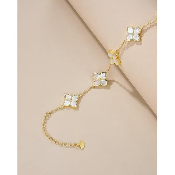 18K Gold Plated Mother of Pearl Clover Station Bracelet for Women, Adjustable Floral Link