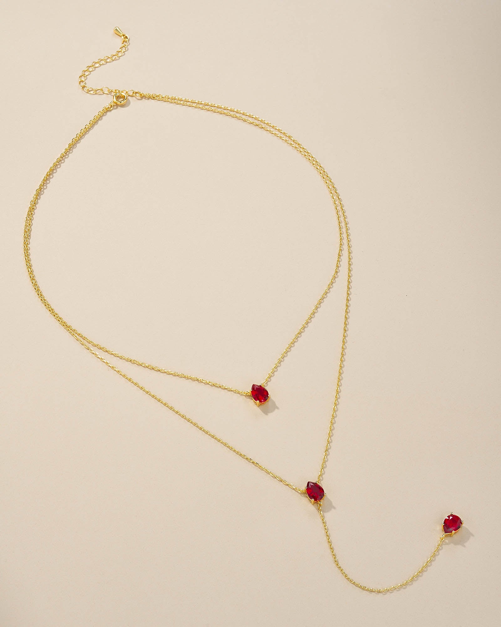 Triple Layer Stacking Necklace In Gold Tone Red Ruby Style