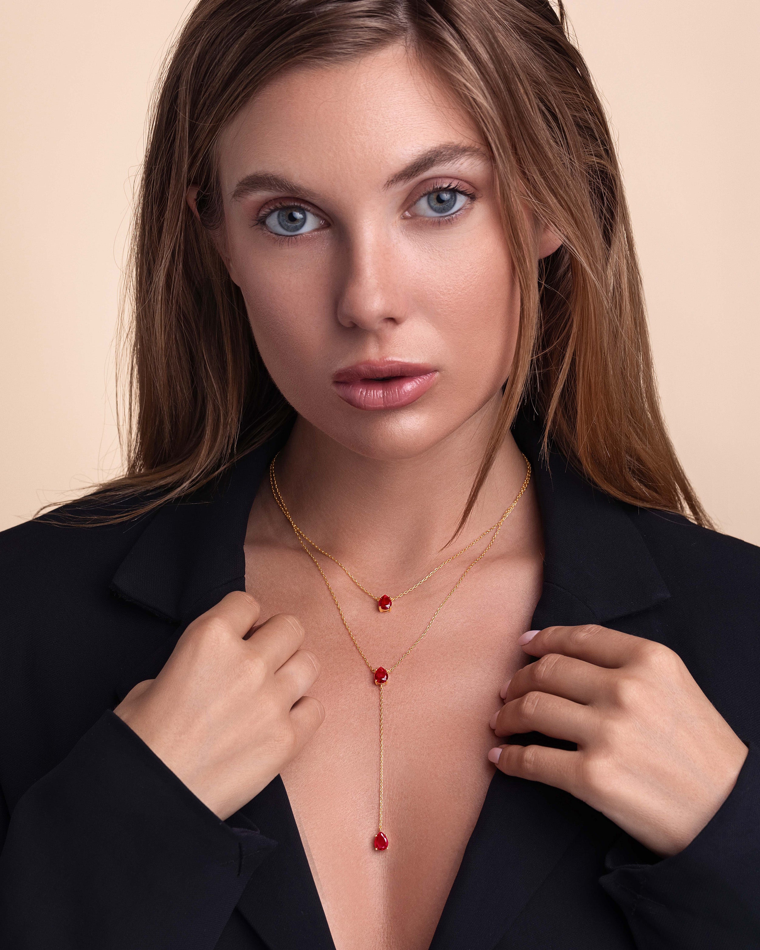 Triple Layer Stacking Necklace In Gold Tone Red Ruby Style