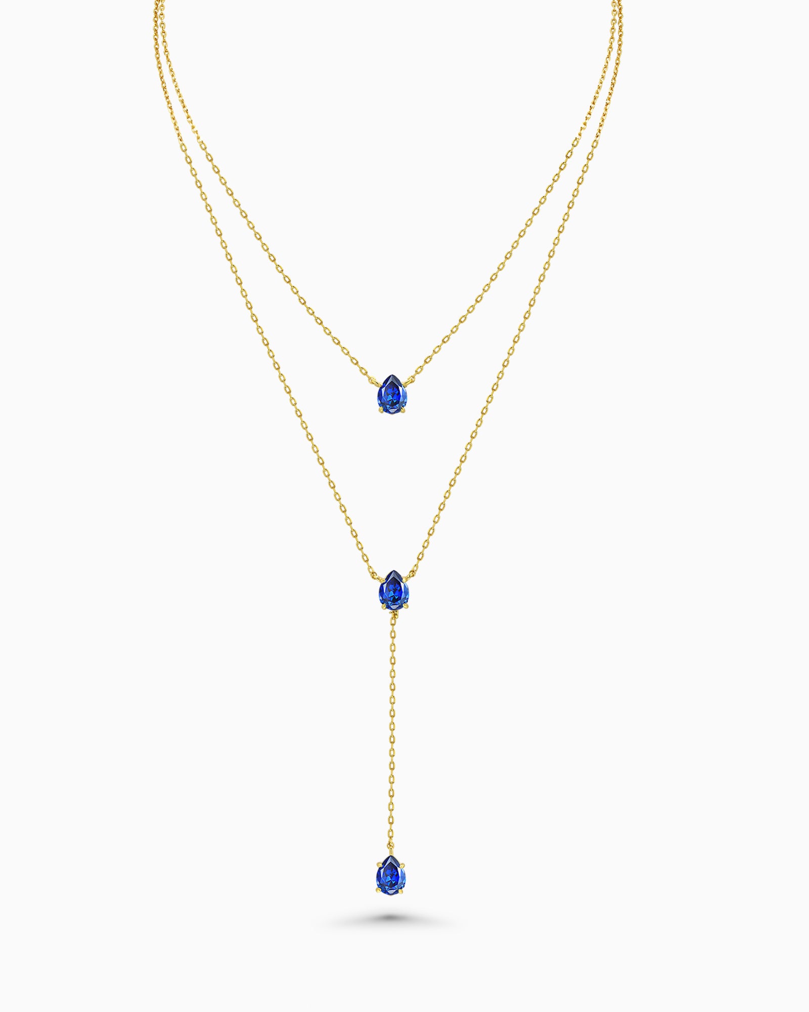 Gold Triple Layered Stacking Blue Sapphire Necklace