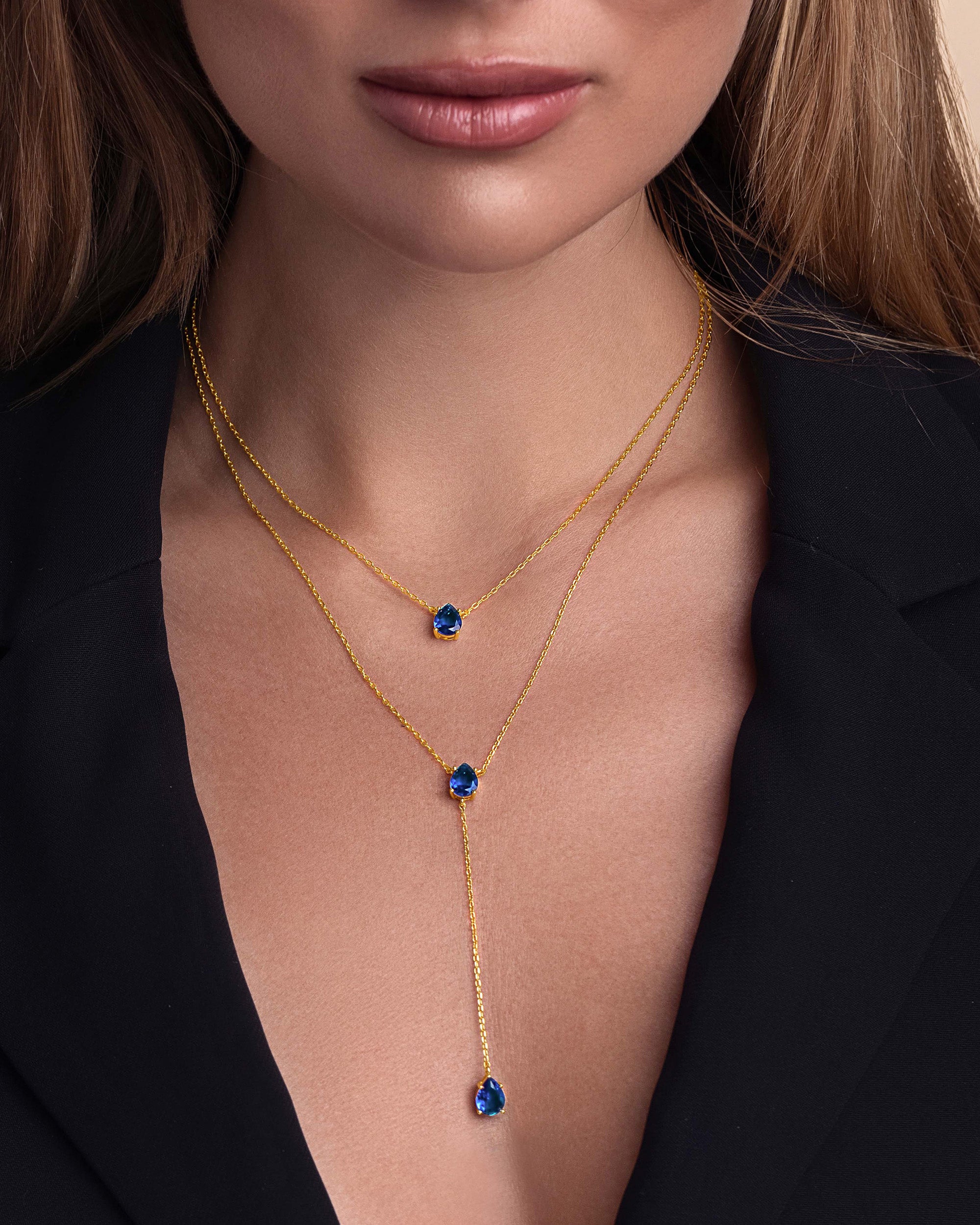 Gold Triple Layered Stacking Blue Sapphire Necklace