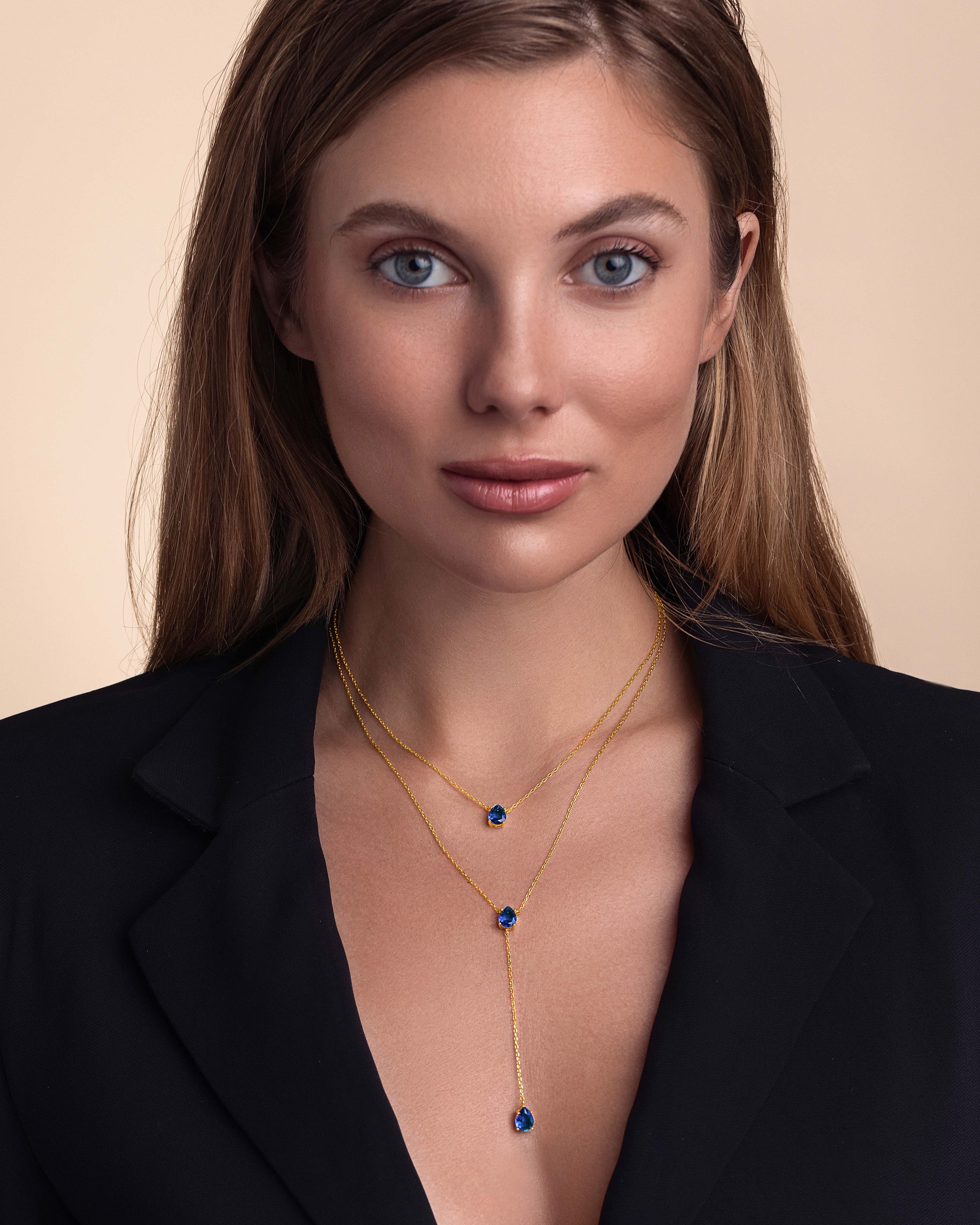 Gold Triple Layered Stacking Blue Sapphire Necklace