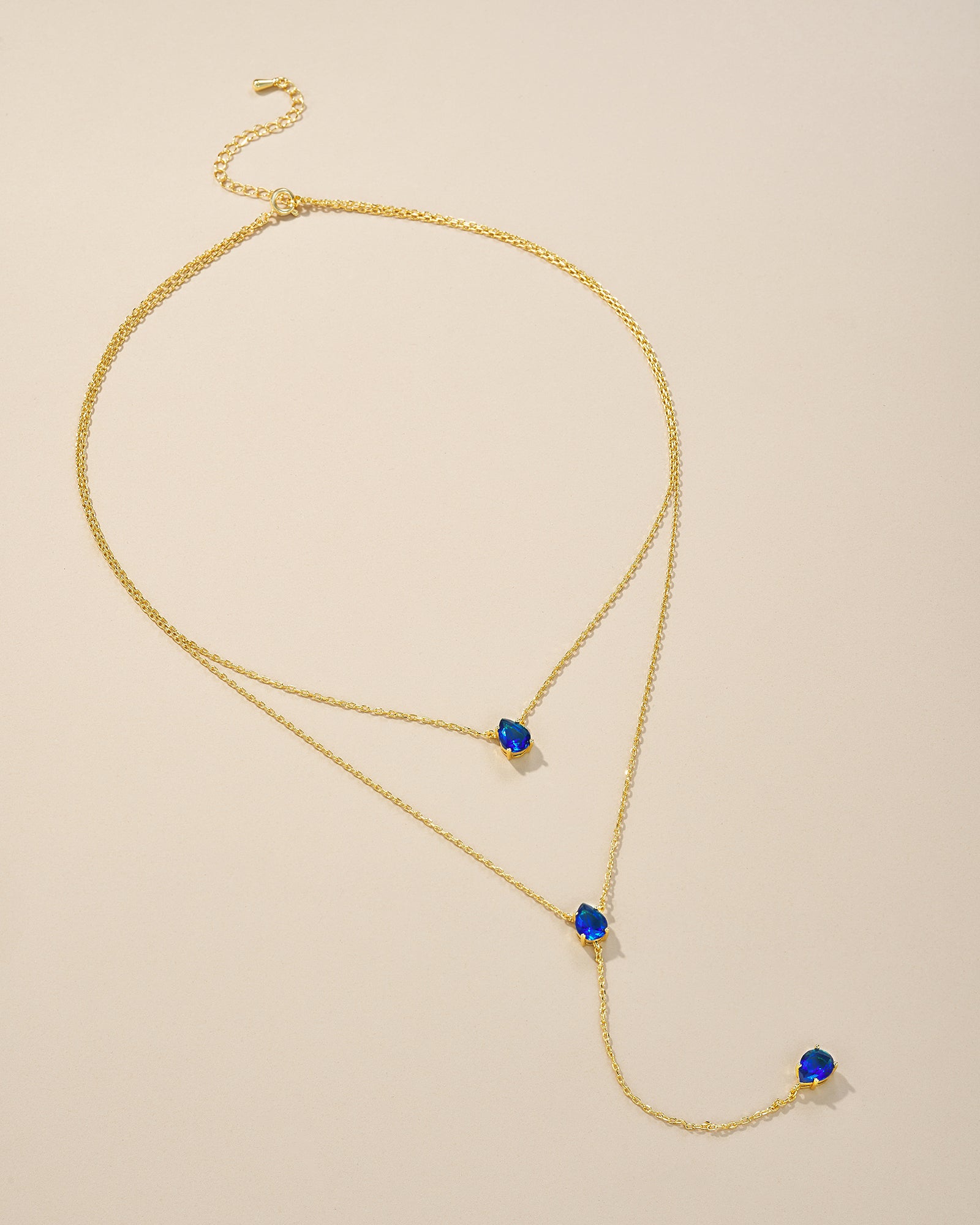 Gold Triple Layered Stacking Blue Sapphire Necklace