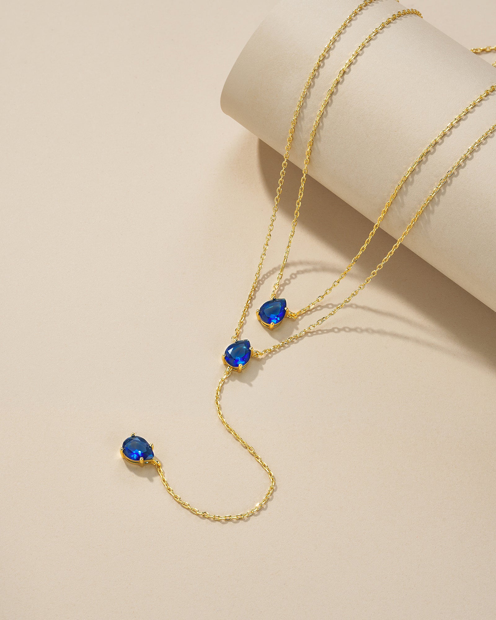 Gold Triple Layered Stacking Blue Sapphire Necklace