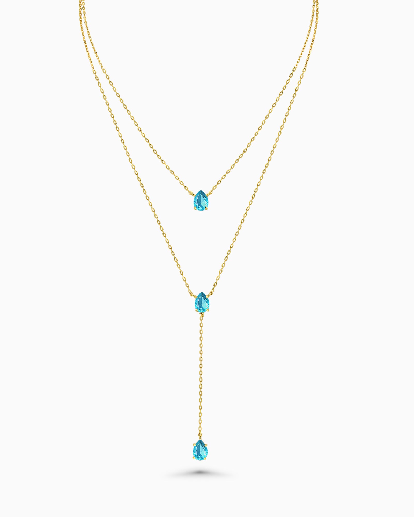 Gold Triple Layered Stacking Teal Topaz Necklace
