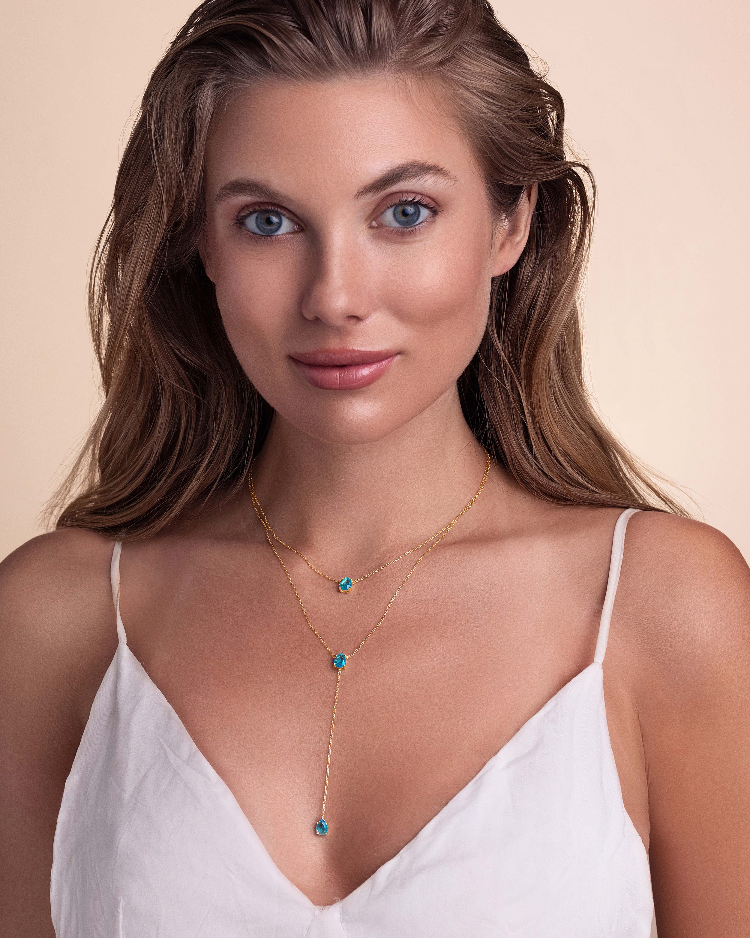 Gold Triple Layered Stacking Teal Topaz Necklace