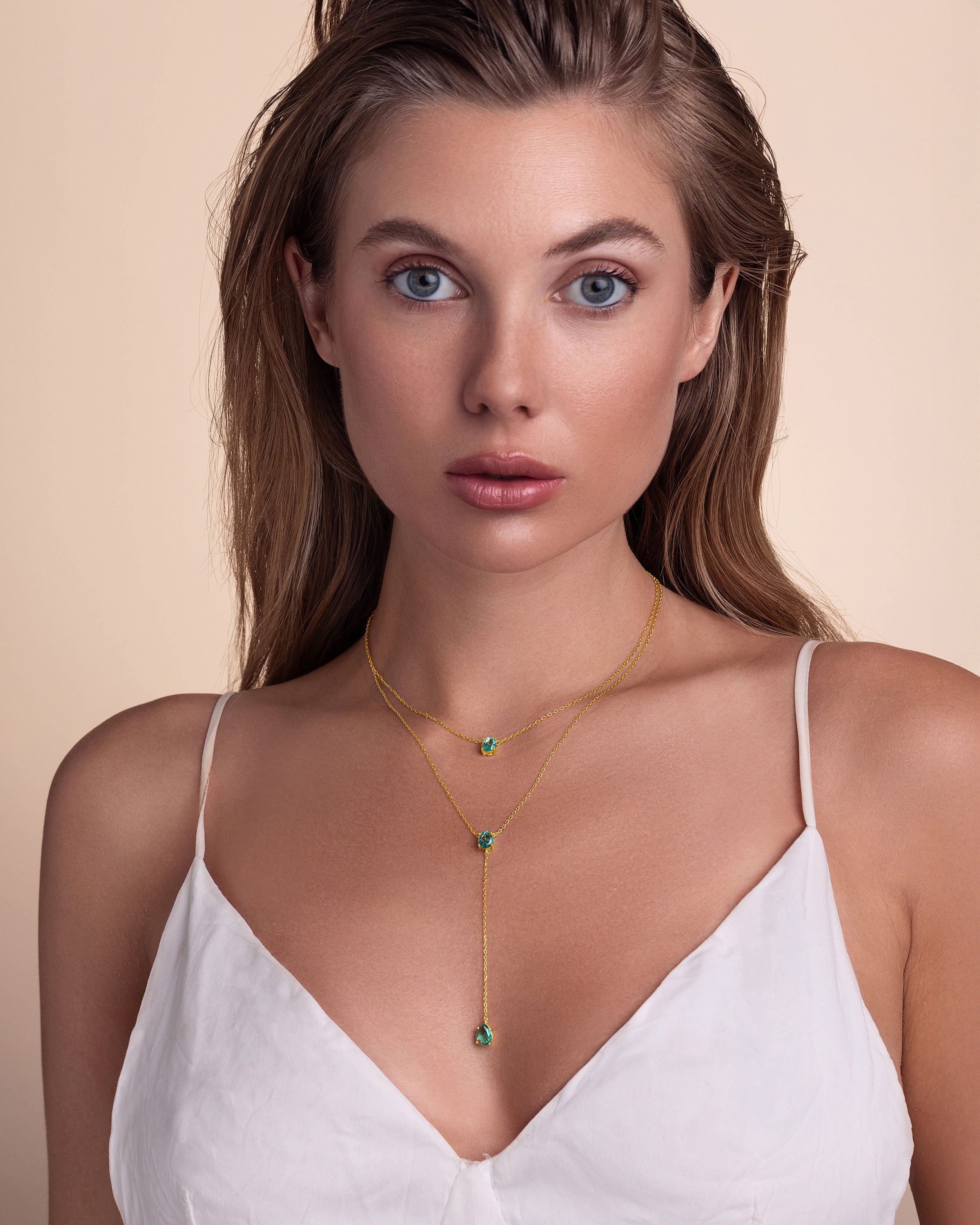 Gold Triple Layered Stacking Mint Green Gemstone Necklace