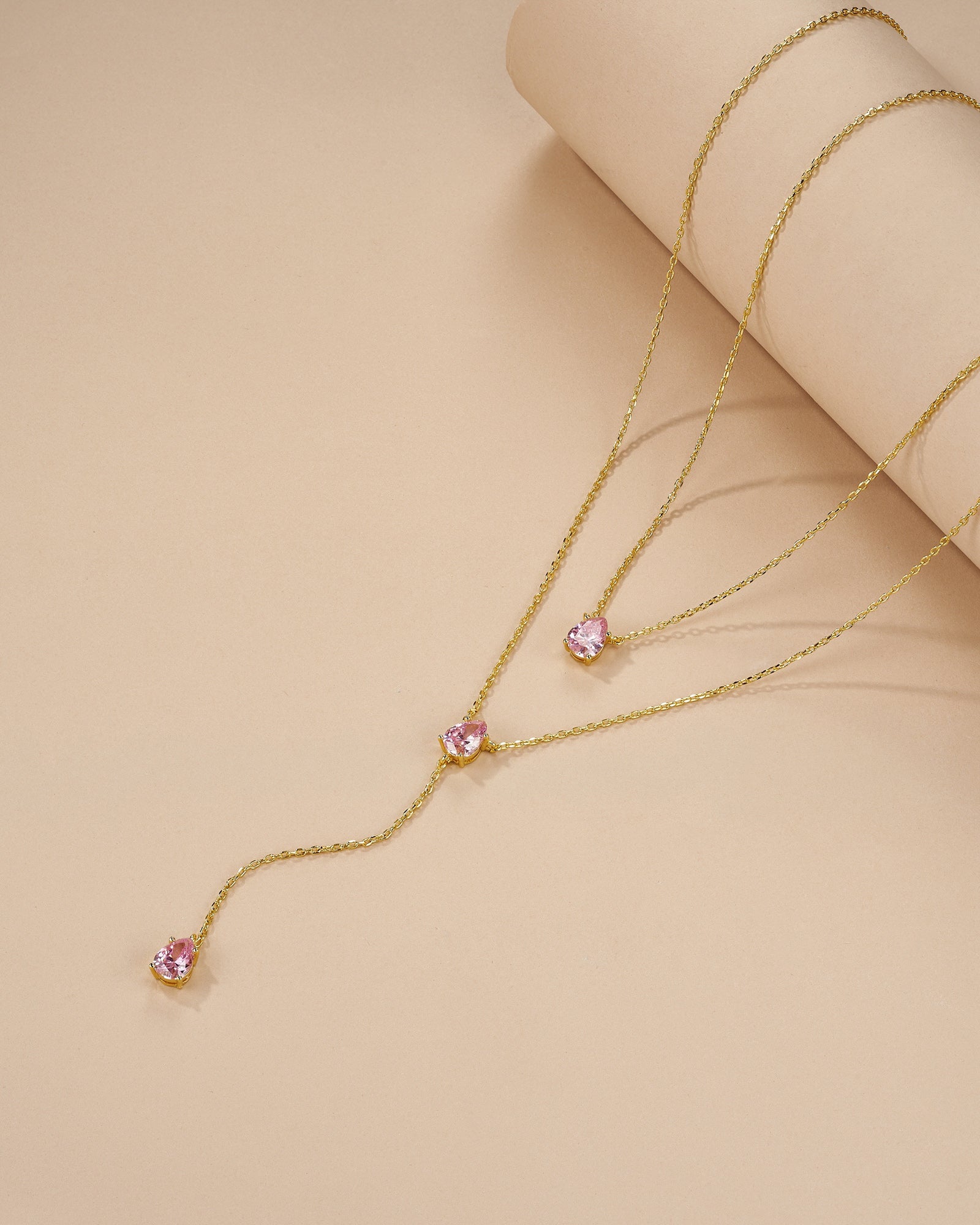Gold Triple Layered Stacking Pink Gemstone Necklace