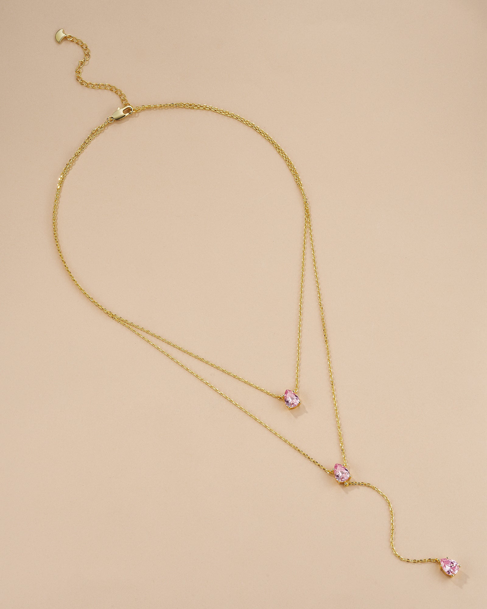 Gold Triple Layered Stacking Pink Gemstone Necklace