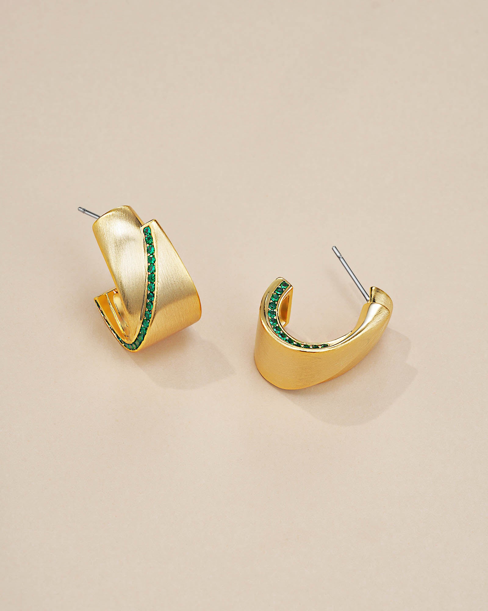 C Shape Earrings In Matte Gold Tone Emerald Green Style