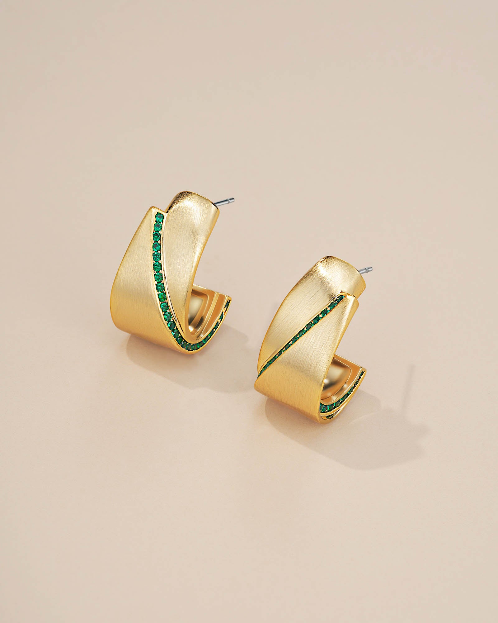 C Shape Earrings In Matte Gold Tone Emerald Green Style