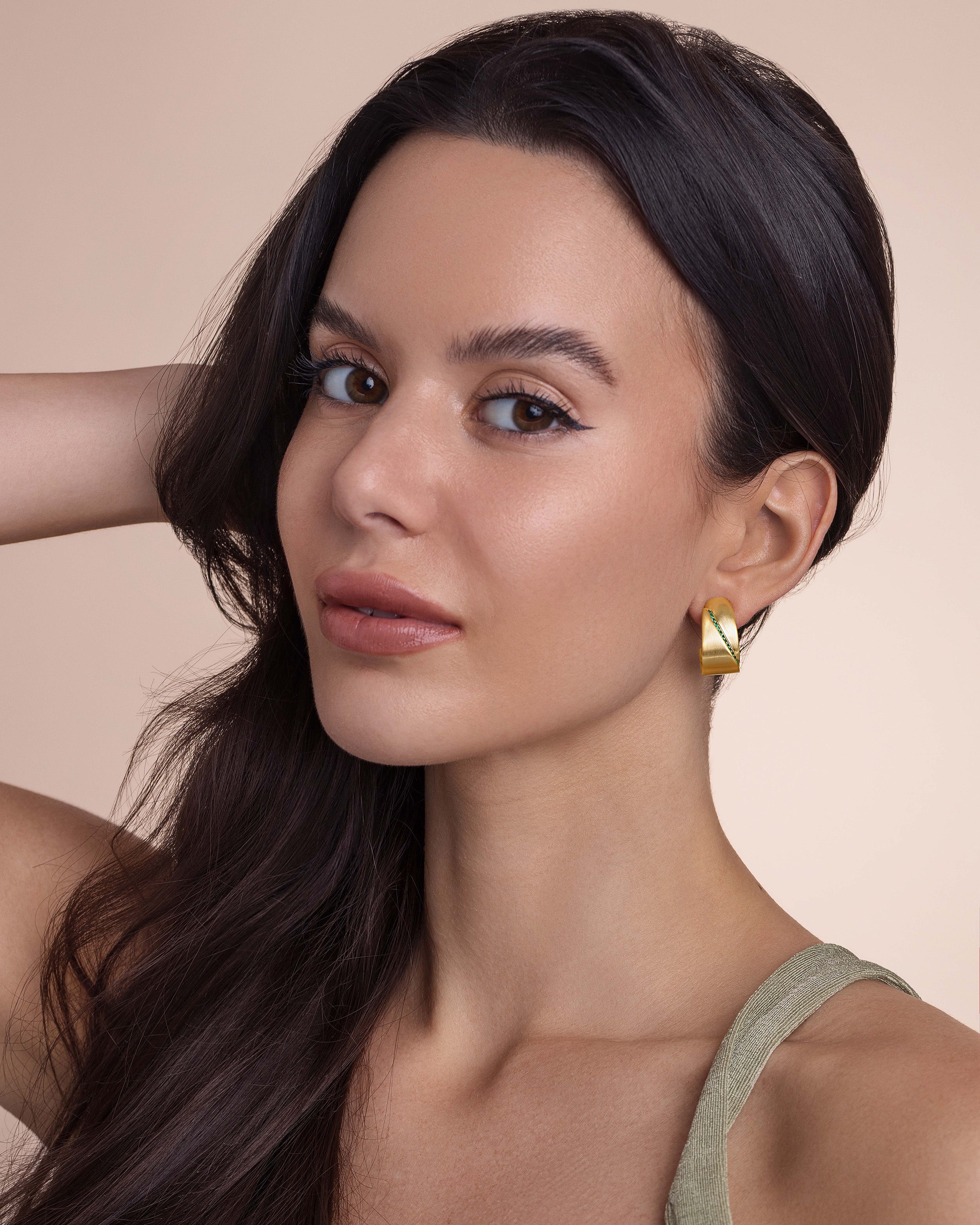 C Shape Matte Gold Emerald Earrings